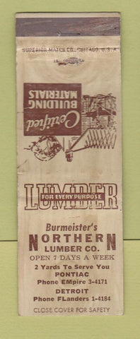 Matchbook Cover - Burmeister's Northern Lumber Detroit Pontiac MI WORN