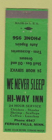 Matchbook Cover - Hi Way Inn Fergus Falls MN Shell oil gas