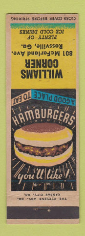 Matchbook Cover - Williams Corner Hamburgers Rossville GA