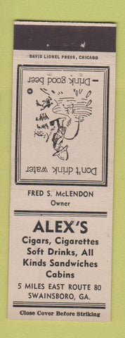 Matchbook Cover - Alex's Cigars Restaurant Cabins Swainsboro GA WHITE