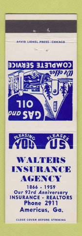 Matchbook Cover - Walters Insurance Agency Americus GA