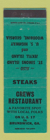 Matchbook Cover - Crews Restaurant Brunswick GA St Simons Island Woodbine