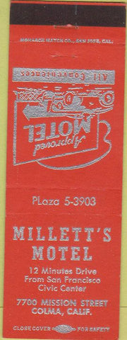 Matchbook Cover - Millett's Motel Colma CA orange