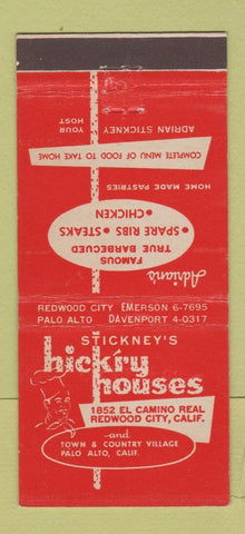 Matchbook Cover - Stickney's Hickry Redwood City CA Palo Alto 21 Strike Feature