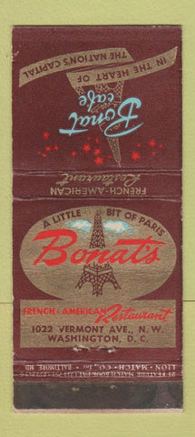 Matchbook Cover - Bonat's Cafe Washington DC French WEAR 21 Strike Feature