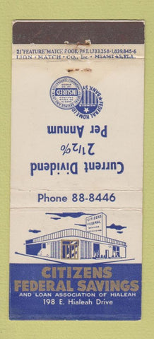 Matchbook Cover - Citizens Federal Savings Hialeah FL 21 Strike Feature