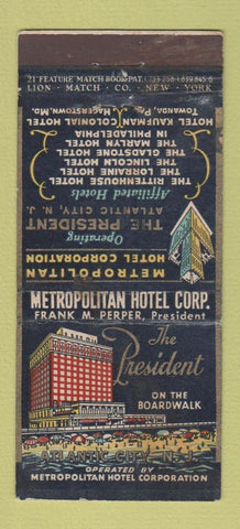 Matchbook Cover - President Hotel Atlantic City NJ WEAR 21 Strike Feature