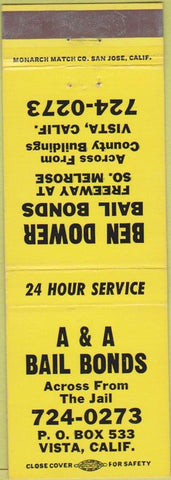 Matchbook Cover - A and A Bail Bonds Vista CA