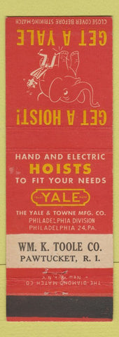 Matchbook Cover - Yale Hoists Pawtucket RI Sm Toole elephant