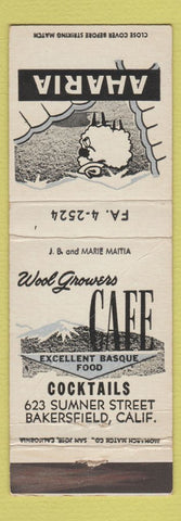 Matchbook Cover - Aharia Wool Growers Cafe Bakersfield CA CREASES