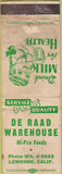Matchbook Cover - De Raad Warehouse Lemoore CA milk POOR