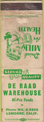 Matchbook Cover - De Raad Warehouse Lemoore CA milk POOR