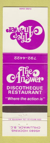 Matchbook Cover - The Answer Disco Restaurant Chilliwack BC