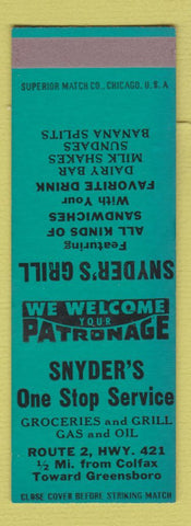Matchbook Cover - Snyder's Grocery oil gas Colfax NC Grill SAMPLE