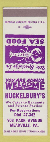 Matchbook Cover - Huckelbury's Restaurant Meadville PA SAMPLE