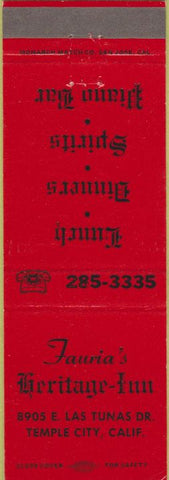 Matchbook Cover - Fauria's Heritage Inn Temple City CA