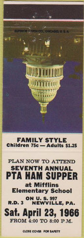 Matchbook Cover - PTA Ham Supper Mifflins School Newville PA 1966