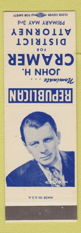 Matchbook Cover - John H Cramer District Attorney Election