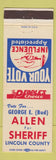 Matchbook Cover - George Bud Allen Sheriff Election Lincoln County