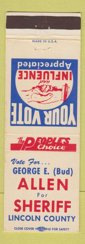 Matchbook Cover - George Bud Allen Sheriff Election Lincoln County