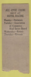 Matchbook Cover - Hotel Racine WI DQ BOBTAIL