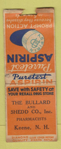 Matchbook Cover - Puretest Aspirin Keene NH Bullard Shedd Drug WORN DQ BOBTAIL