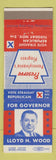 Matchbook Cover - Lloyd Wood for Governor PA Pennsylvania