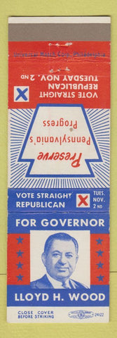 Matchbook Cover - Lloyd Wood for Governor PA Pennsylvania