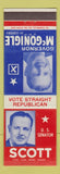 Matchbook Cover - Arthur McGonigle for Governor PA Pennsylvania Scott Senate
