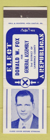 Matchbook Cover - Donald Fox General Assembly Election Lawrence County PA