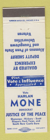 Matchbook Cover - Harlan Mone Justice Peace New Castle PA Shenango WEAR