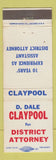 Matchbook Cover - D Dale Claypool District Attorney Election Armstrong County PA