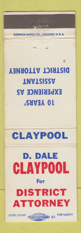 Matchbook Cover - D Dale Claypool District Attorney Election Armstrong County PA