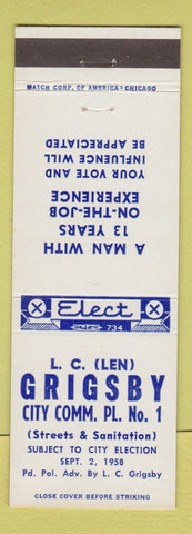 Matchbook Cover - LC Len Grigsby City Commissioner Election Gadsden? AL