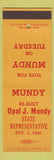 Matchbook Cover - Opal J Mundy State Rep Election 1947 Toledo OH