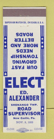 Matchbook Cover - Ed Alexander Shenango Township Road Supervisor New Castle PA