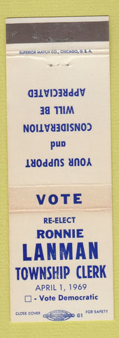 Matchbook Cover - Ronnie Lanman Township Clerk Election Charleston IL WEAR