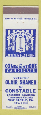 Matchbook Cover - Clair Shaner for Constable Shenango Township New Castle PA