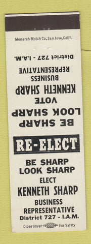 Matchbook Cover - Kenneth Sharp Business Rep Election IAM Union CA