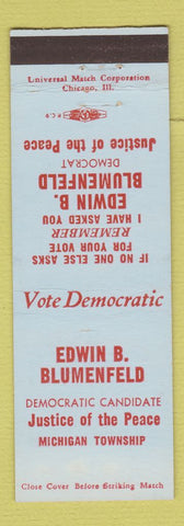 Matchbook Cover - Edwin B Blumenfeld Justice Peace Election Michigan Township IN