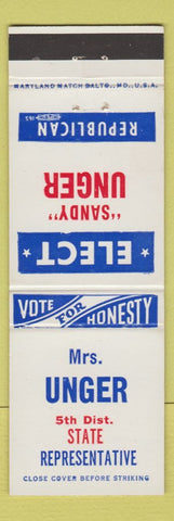 Matchbook Cover - Sandy Unger for Representative elections