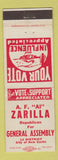Matchbook Cover - AF Zarilla General Assembly New Castle PA