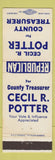 Matchbook Cover - Cecil R Potter County Treasurer Election New Castle PA