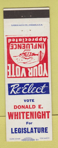 Matchbook Cover - Donald E Whitenight Legislature Election