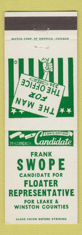 Matchbook Cover - Frank Swope Floater Representative Winston Leake County MS