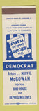Matchbook Cover - Mary E McGowan Ohio House of Representatives OH Akron