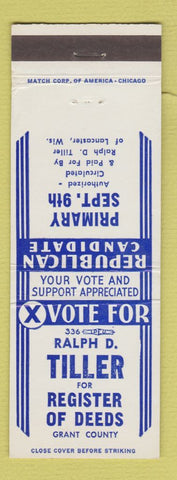 Matchbook Cover - Ralph D Tiller Register of Deeds Grant County WI Lancaster