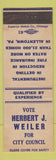 Matchbook Cover - Herber Weiler for City Council Allentown PA