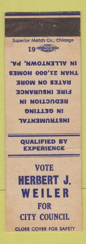 Matchbook Cover - Herber Weiler for City Council Allentown PA