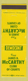Matchbook Cover - James B McCarthy Clerk of Courts Election